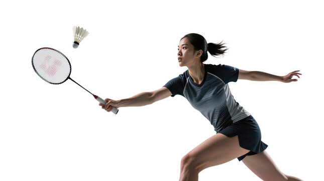 Asian woman in action, striking a badminton shuttlecock with focused determination.