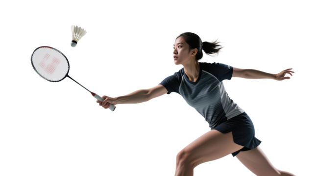 Asian woman in action, striking a badminton shuttlecock with focused determination. - Powered by Adobe