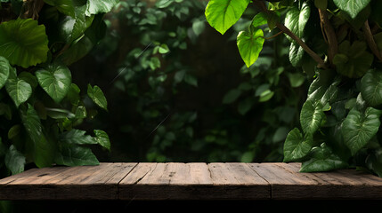 Lush Greenery Wooden Table Background