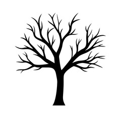 Obraz premium Minimalist black silhouette vector icon of a tree with bare branches, symbolizing late autumn, winter, and seasonal change. Isolated on a transparent background