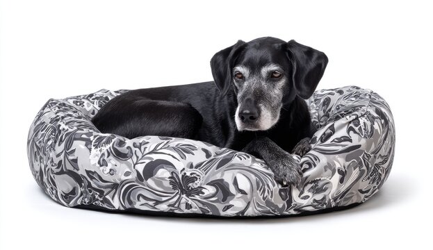Black dog resting in a patterned dog bed