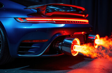 A sleek blue sports car with fiery exhaust flames emitting from the tailpipe