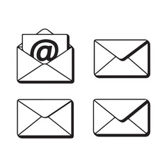 Four outline icons of envelopes with one open displaying an email symbol message