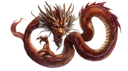 A detailed illustration of a coiled chinese dragon with an open mouth on a transparent background