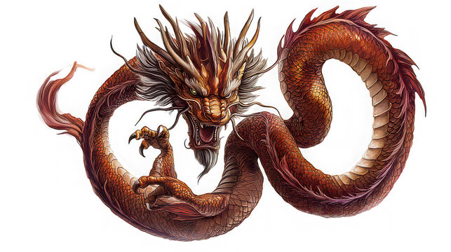 A detailed illustration of a coiled chinese dragon with an open mouth on a transparent background