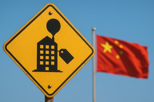 China housing bubble concept with property price sign and national flag background