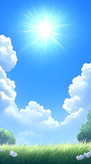 Sunny Meadow Illustration: Blue Sky, Fluffy Clouds, Green Grass