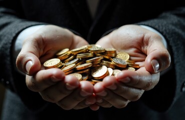 Woman holding a handful of gold coins in her palms
