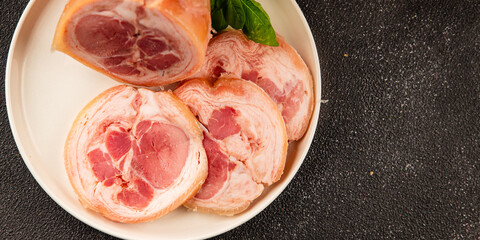 Ham hock with skin jambonneau cooked pork knuckle with rind tasty snack fresh delicious gourmet food background on the table rustic top view copy space