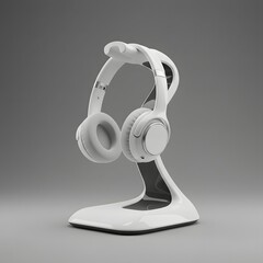 White wireless headphones on a stand, studio shot.