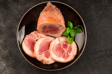 Ham hock with skin jambonneau cooked pork knuckle with rind tasty snack fresh delicious gourmet food background on the table rustic top view copy space