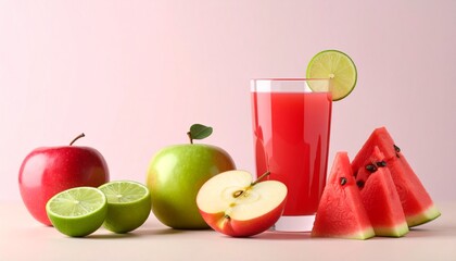 Fototapeta premium A still life that focuses on the freshness of the fruit: watermelon juice adjacent to halved apples and watermelon slices, and lime slices providing color contrast, all against a plain background
