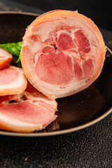 Ham hock with skin jambonneau cooked pork knuckle with rind tasty snack fresh delicious gourmet food background on the table rustic top view copy space