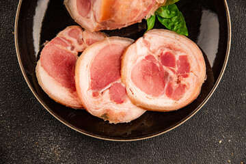 Ham hock with skin jambonneau cooked pork knuckle with rind tasty snack fresh delicious gourmet food background on the table rustic top view copy space