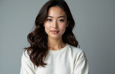 Fototapeta premium Woman with long wavy hair and natural makeup smiling softly against a neutral gray background