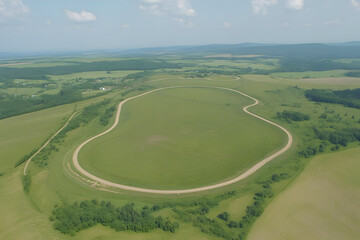 Aerial Photo of Winding Road in Green Field
