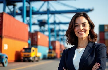 Businesswoman smiling at port with shipping containers and cranes in background