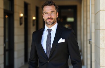 A confident businessman in a formal suit standing outdoors in front of a building