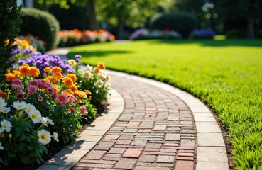 Obraz premium Colorful flower bed along a curved brick pathway in a lush garden setting