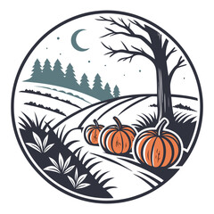 Pumpkin Patch at Night with Glowing Jack-o'-Lanterns and Foggy Background Vector | Halloween Spooky Pumpkins Logo Icon | Transparent Background Illustration