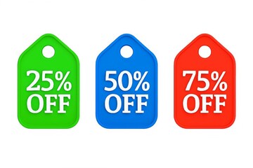 Three colorful price tags showing 25 percent 50 percent and 75 percent off discounts