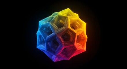 Abstract 3D rendering of a colorful geometric icosahedron on a black background.