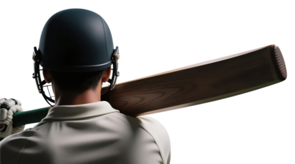 Cricket player holding bat, back view, ready to play.