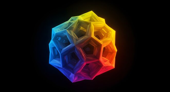 Abstract 3D rendering of a colorful geometric icosahedron on a black background.