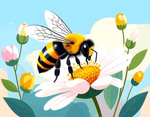 A bee pollinates a flower in a spring landscape