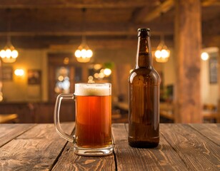 A beer glass and bottle on a wooden table in a pub