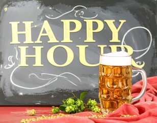 A beer mug and happy hour sign