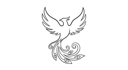 Elegant black and white line art of a rising phoenix with spread wings and a decorative, swirling tail.