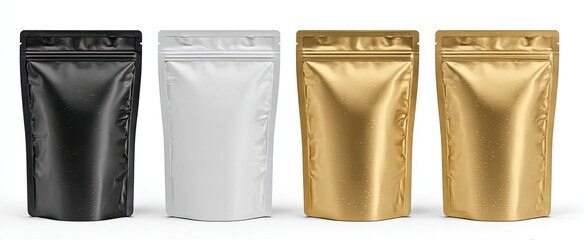 Four blank, zippered, foil pouches in black, white, and gold