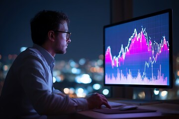 A businessman analyzing financial data on a digital screen with fluctuating graphs at night.