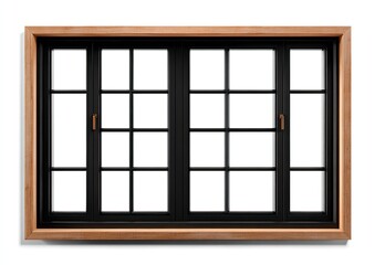 Large, divided window with a light brown frame and black muntins
