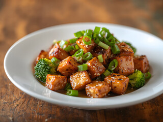 Fototapeta premium Savory Tofu Temptation: A close-up shot captures the delicious detail of this Asian-inspired dish. A serving of glistening, golden-brown tofu cubes, sprinkled with sesame seeds and fresh green onion.