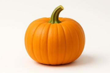 A single ripe orange pumpkin with a green stem stands against a clean white background