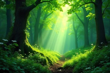 Obraz premium Lush, vibrant green forest scene perfect for compositing Sunlight filters through the dense canopy, creating a magical atmosphere Ideal for fantasy or nature-themed projects , natural, wild