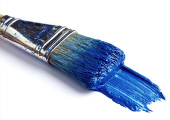 A used paintbrush with blue paint dripping