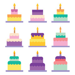 Colorful Birthday Cakes with Candles Illustration