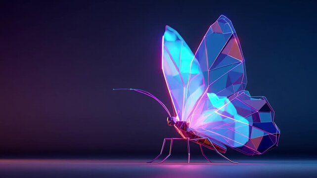 Geometric butterfly glowing on dark blue video