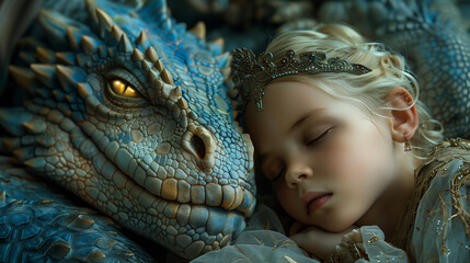 Fantasy scene of little princess sleeping peacefully beside a dragon in close bond