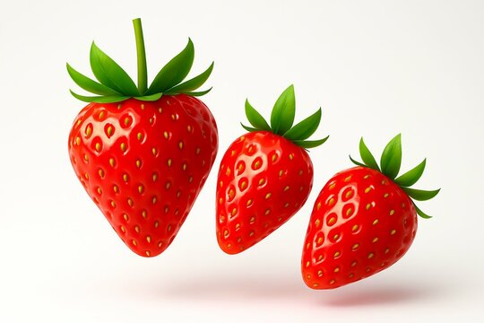 Three vibrant red strawberries with green leaves isolated on a clean white background