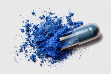 A dark-blue capsule spills vibrant powder