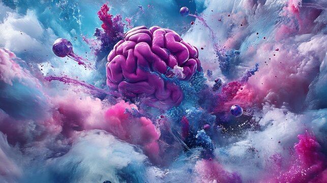 Artistic render of chemistry shaped like brain with neural network of molecules