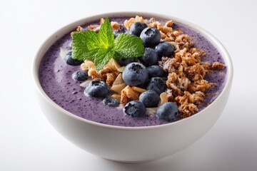 Bowl of purple smoothie topped with blueberries, granola, and mint