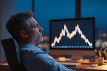 A businessman seated in an office, observing a declining stock market graph on the screen.