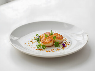 Exquisite Scallop Dish: Culinary elegance takes center stage as perfectly seared scallops, adorned with fresh herbs and a delicate sauce, grace a minimalist plate.
