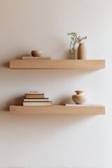 A straight-on shot of two long, light ash wood floating shelves, mounted on a pristine white wall. 