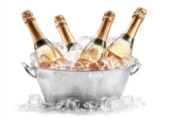 Four champagne bottles chilled in a metal ice bucket